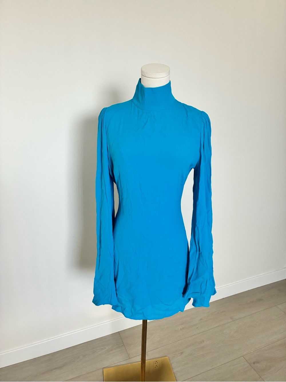 Yllw The Label Raya Bell Sleeve High Neck Mini Dress in Teal Blue